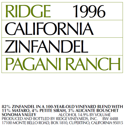 1996 Pagani Ranch Zinfandel
