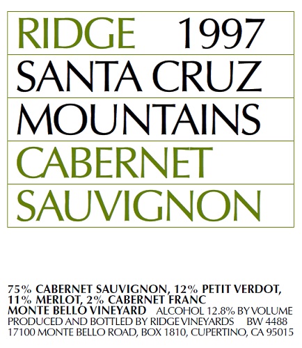 1997 Ridge Vineyards Monte Bello Santa Cruz Mountains Cabernet