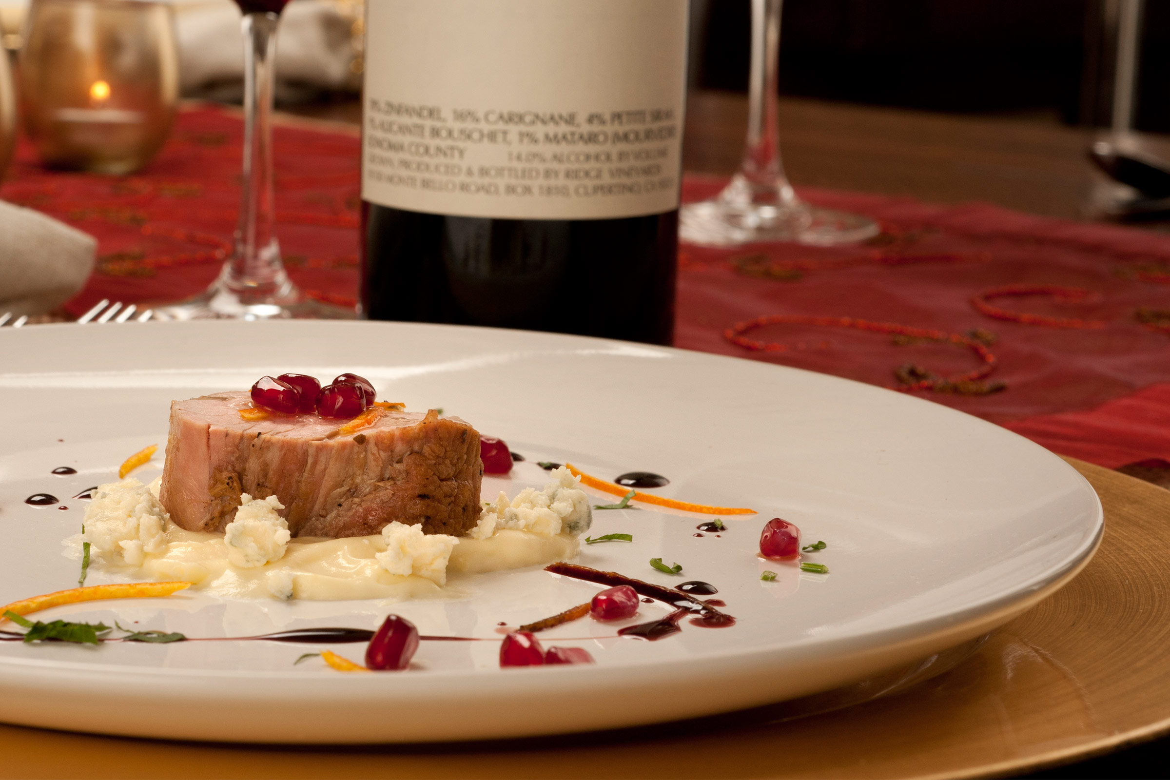 Roasted-Pork-Tenderloin-Blue-Cheese-Potato-Purée-Orange-Zest-Pomegranate