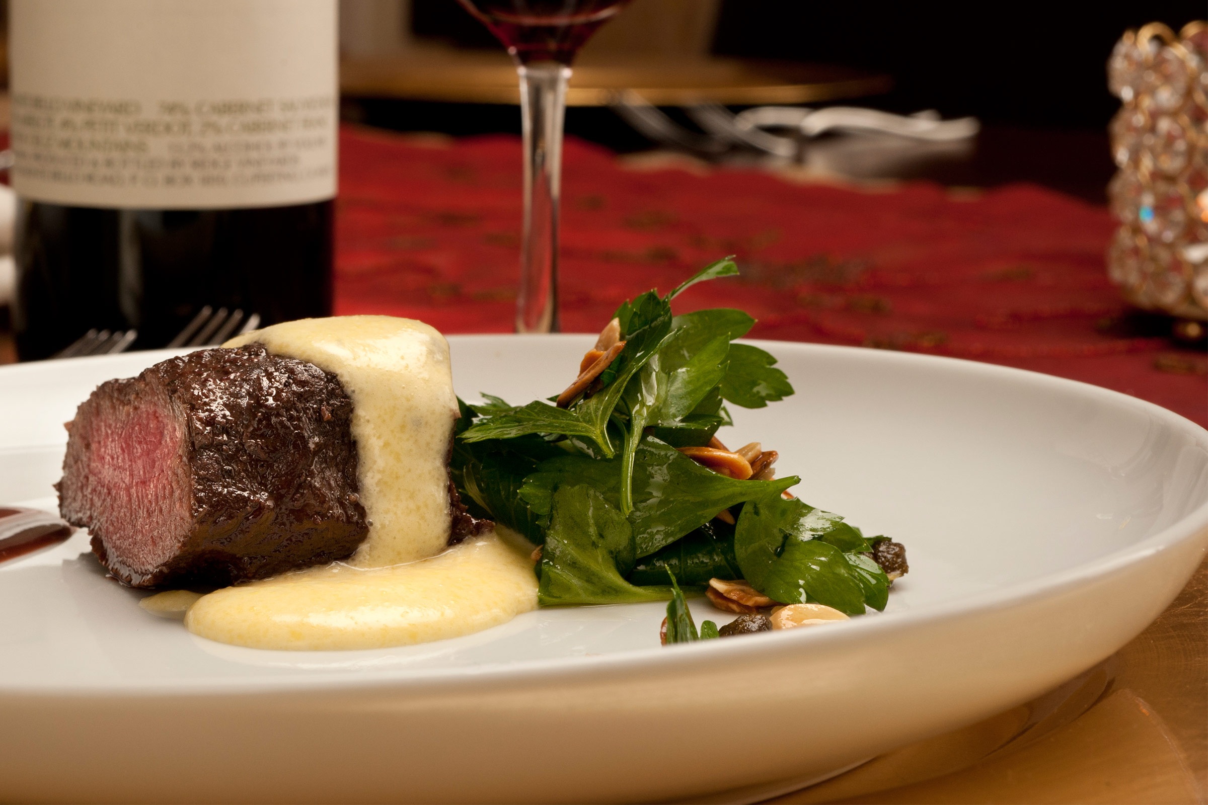 Slow-Roasted-Cabernet-Soaked-Loin-Of-Venison-Fried-Caper-Berry-Almond-Flat-Leaf-Parsley-Salad-Bearnaise-Pan-Juices