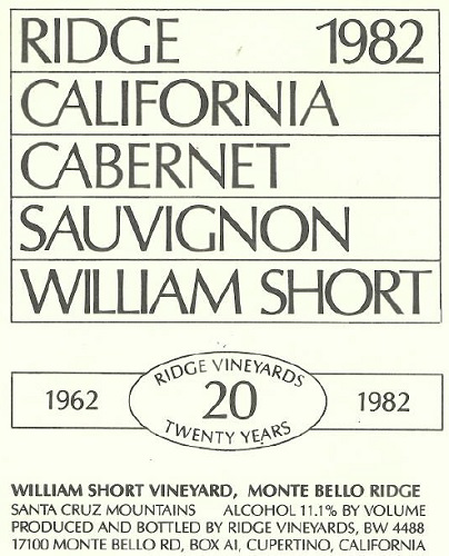1982 William Short Cabernet Sauvignon