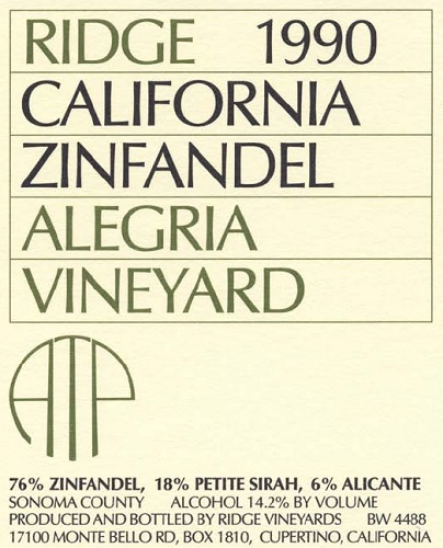 1990 Alegria Vineyard Zinfandel