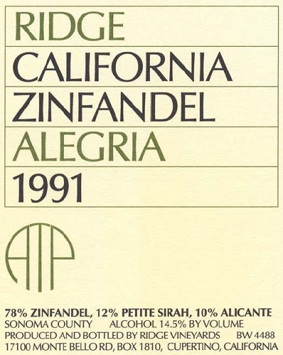 1991 Alegria Zinfandel