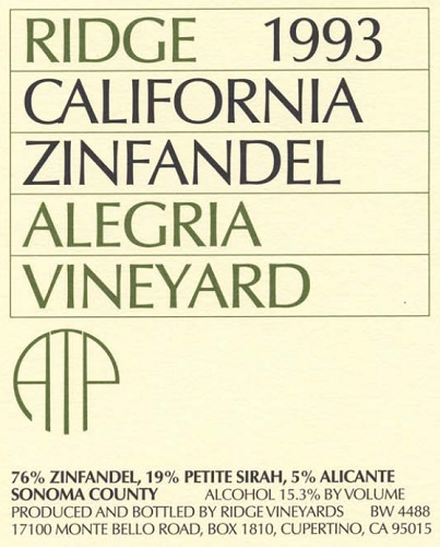 1993 Alegria Vineyard Zinfandel