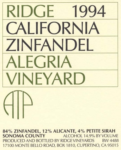 1994 Alegria Zinfandel