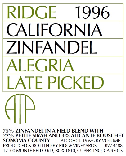 1996 Alegria Vineyard Zinfandel