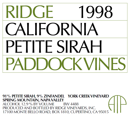 1998 Paddock Vines Petite Sirah
