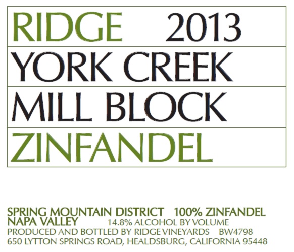 2013 York Creek Mill Block Zinfandel