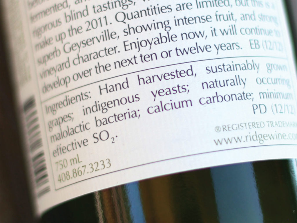 Close up of wine label.