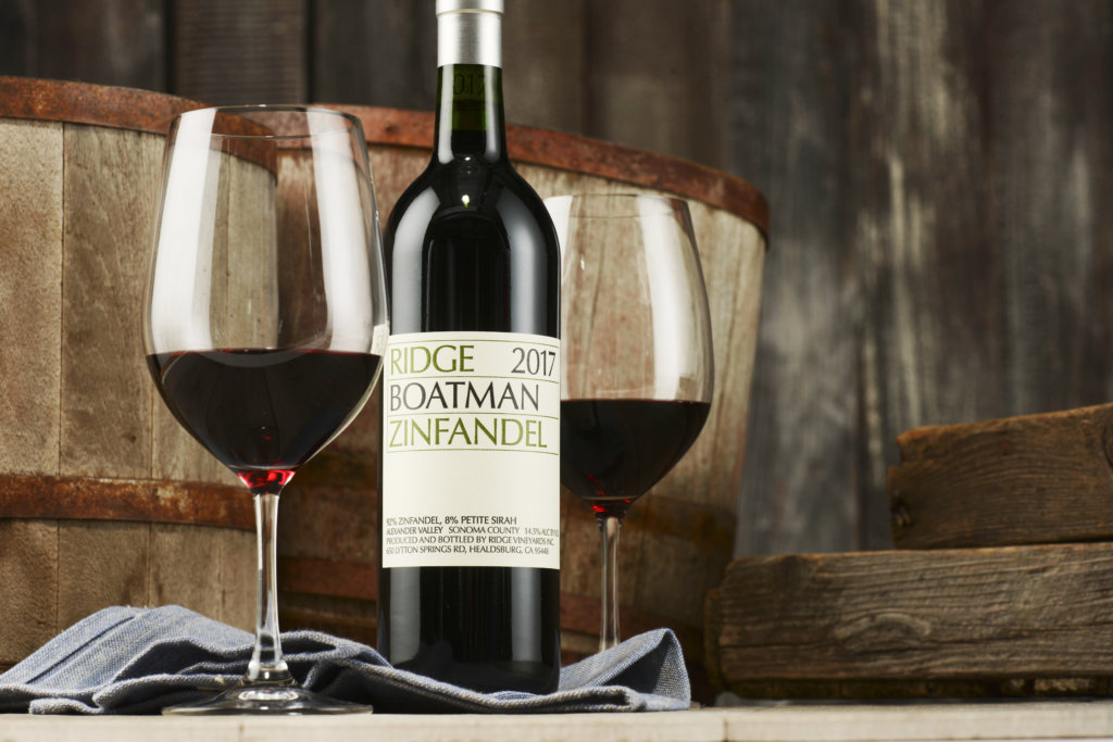 2017 Ridge Boatman Zinfandel and wine glass.