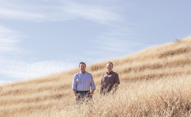 Mark Vernon, President & COO, who worked for more than 10 years to conclude the land agreement and David Gates, Vice President of Vineyard Operations, who will oversee planting the new acreage. They stand in front of the old terraces, first planted in the 1880’s.