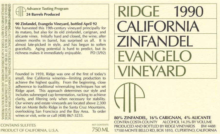 Label from Ridge 1990 Evangelho Zinfandel