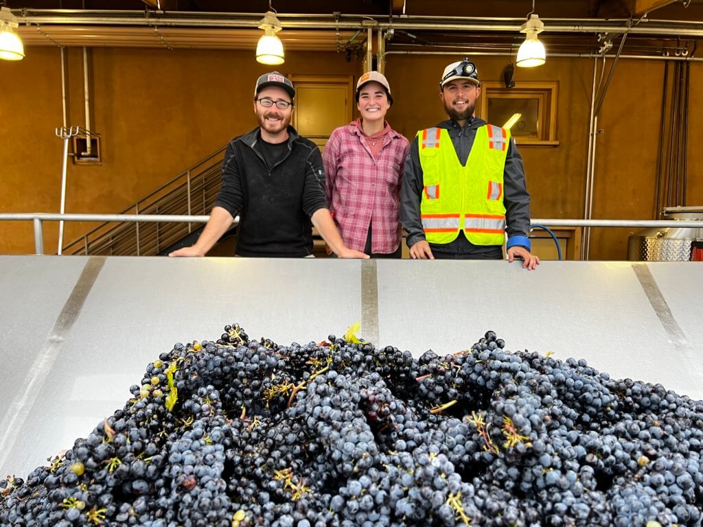 Interns Ryan and Kait stand with Viticulturist Mauro at the crushpad