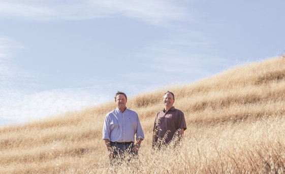 Mark Vernon, President & COO, who worked for more than 10 years to conclude the Open Space land agreement and David Gates, Vice President of Vineyard Operations, who will oversee planting the new acreage. They stand in front of the old terraces, first planted in the 1880’s.