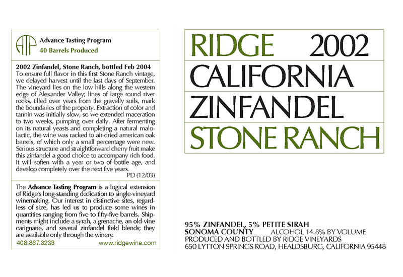 2002 Stone Ranch Zinfandel label from Ridge Vineyards