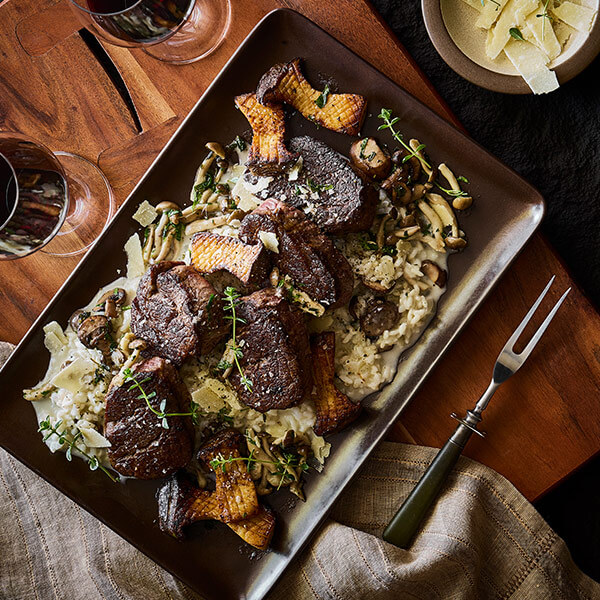 RIDGE Holiday Pairing Pack Recipe Filet Mignon with Wild Mushroom Risotto, Thyme & Red Wine Jus