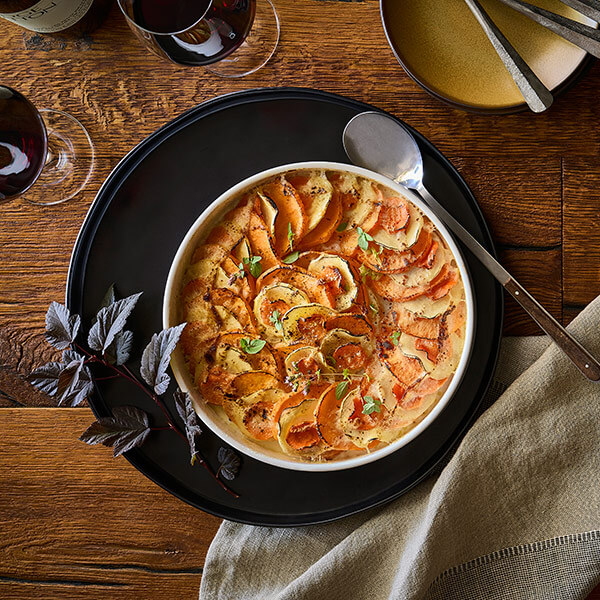 RIDGE Holiday Pairing Pack Recipe Roasted Root Vegetable Gratin with Thyme & Gruyere
